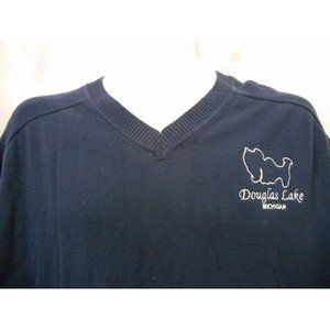 Douglas Lake MI Devon & Jones Navy Blue Men's V-Neck Sweater embroidered XXL L/S